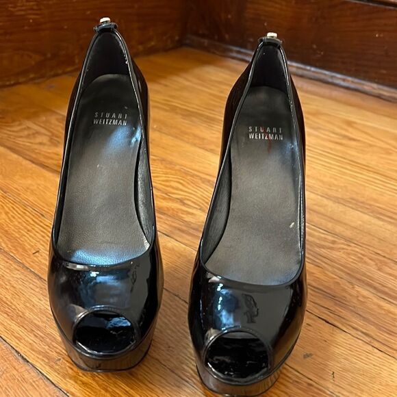 Stuart Weitzman Black Patent Leather Platform Peep Toe Pumps Size 7M - Picture 7 of 11